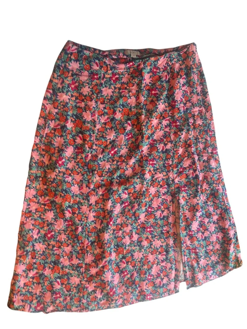 LOFT Pink Floral Linen-Blend A-Line Midi Skirt with Slit - Size 8